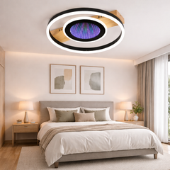 Lustra LED rotunda neagra cu lemn si RGB, lumina ajustabila cu telecomanda, in dormitor confortabil modern