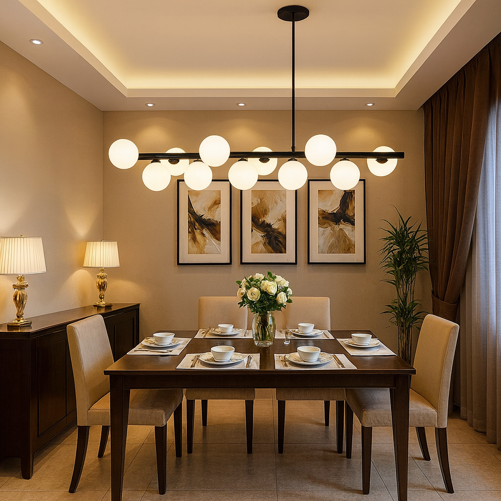 Lustra LED negru mat 11 globuri sticla mata, punct central arhitectural pentru zona de dining