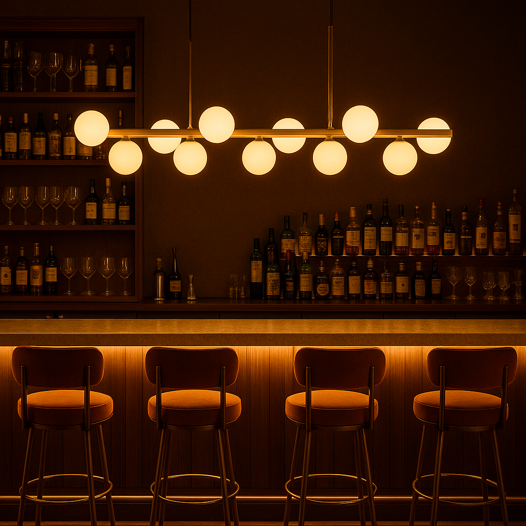 Lustra LED auriu satinat 11 globuri sticla mata, iluminare rafinata pentru bar si restaurant