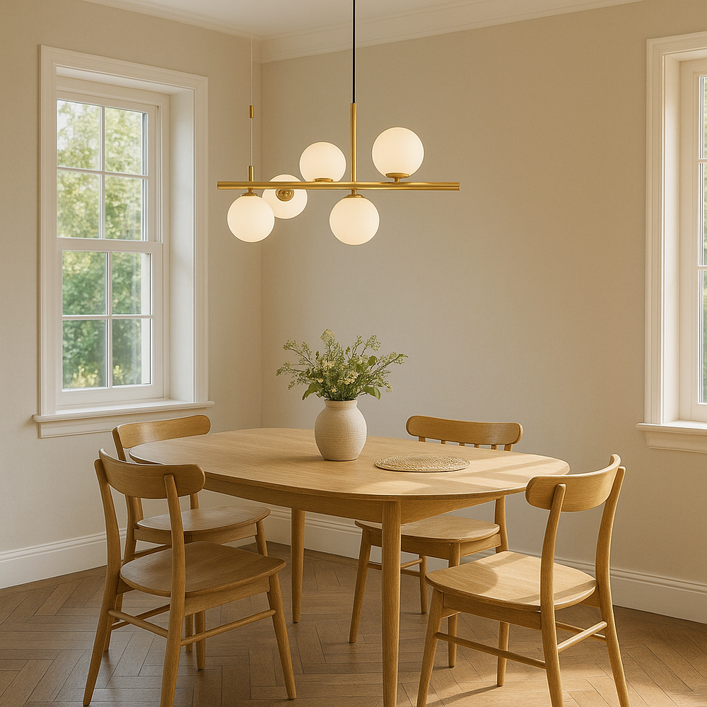 Lustra LED auriu 4 globuri sticla mata, punct decorativ rafinat pentru zona de dining