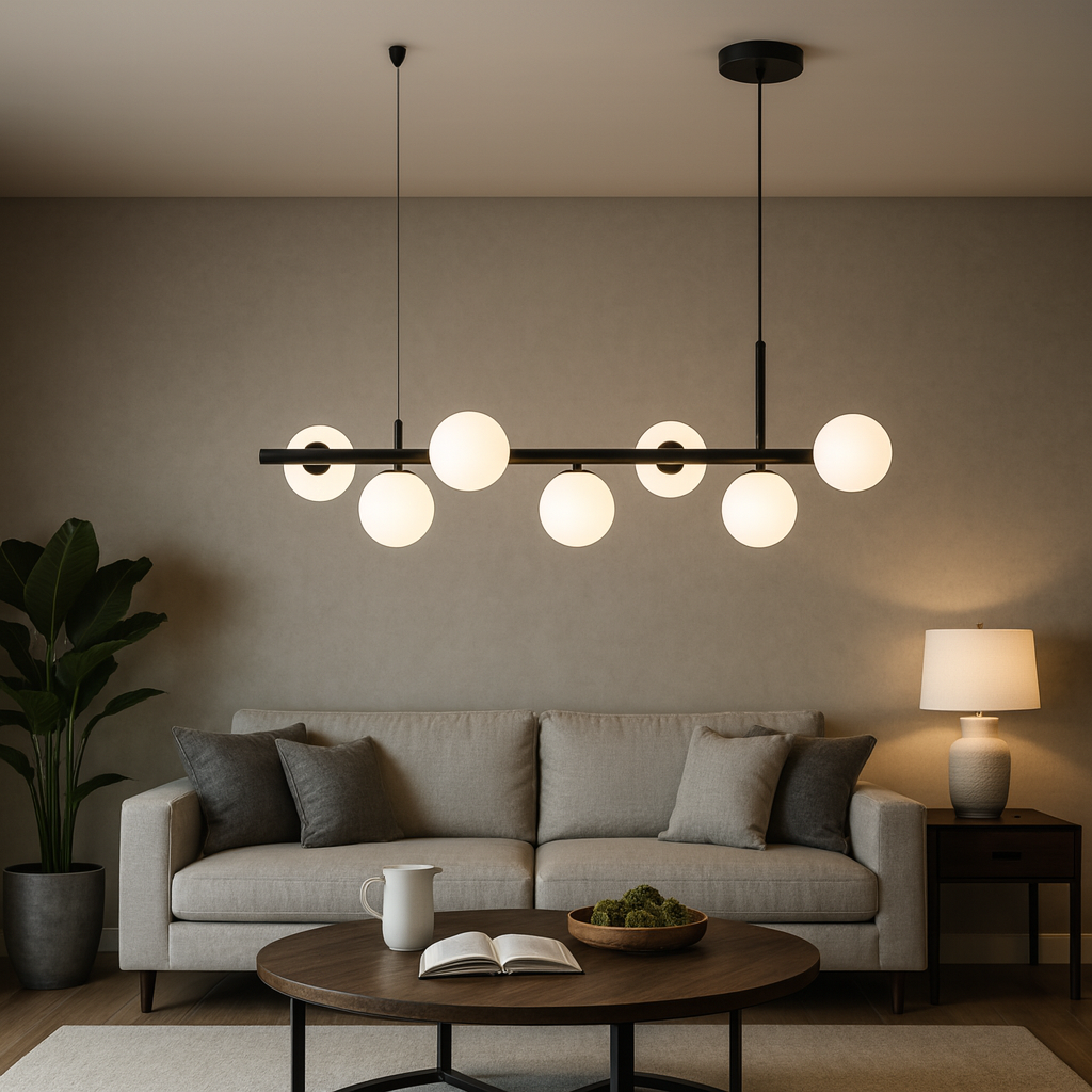 Lustra LED negru mat 7 globuri sticla mata, iluminare moderna pentru living contemporan