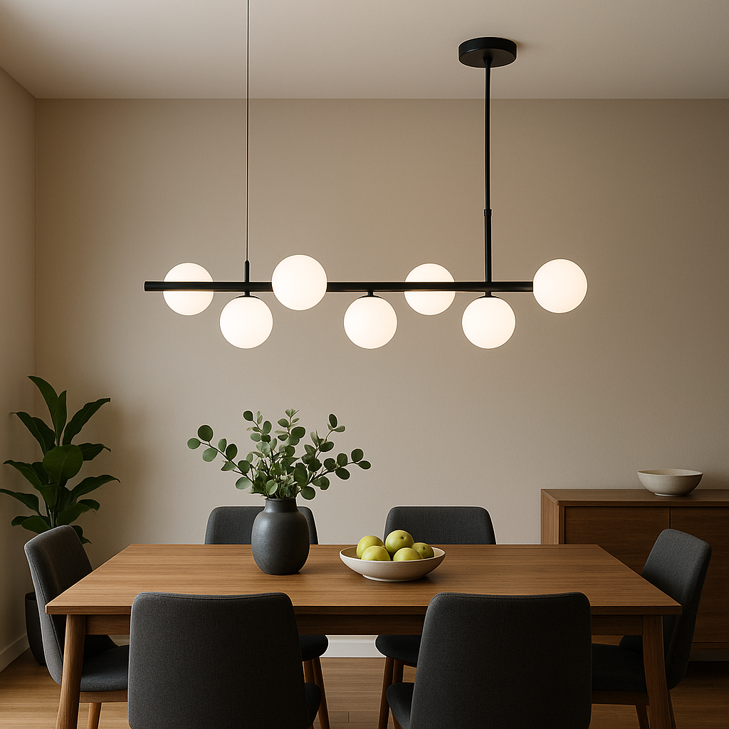 Lustra LED negru mat 7 globuri sticla mata, punct central modern pentru zona de dining