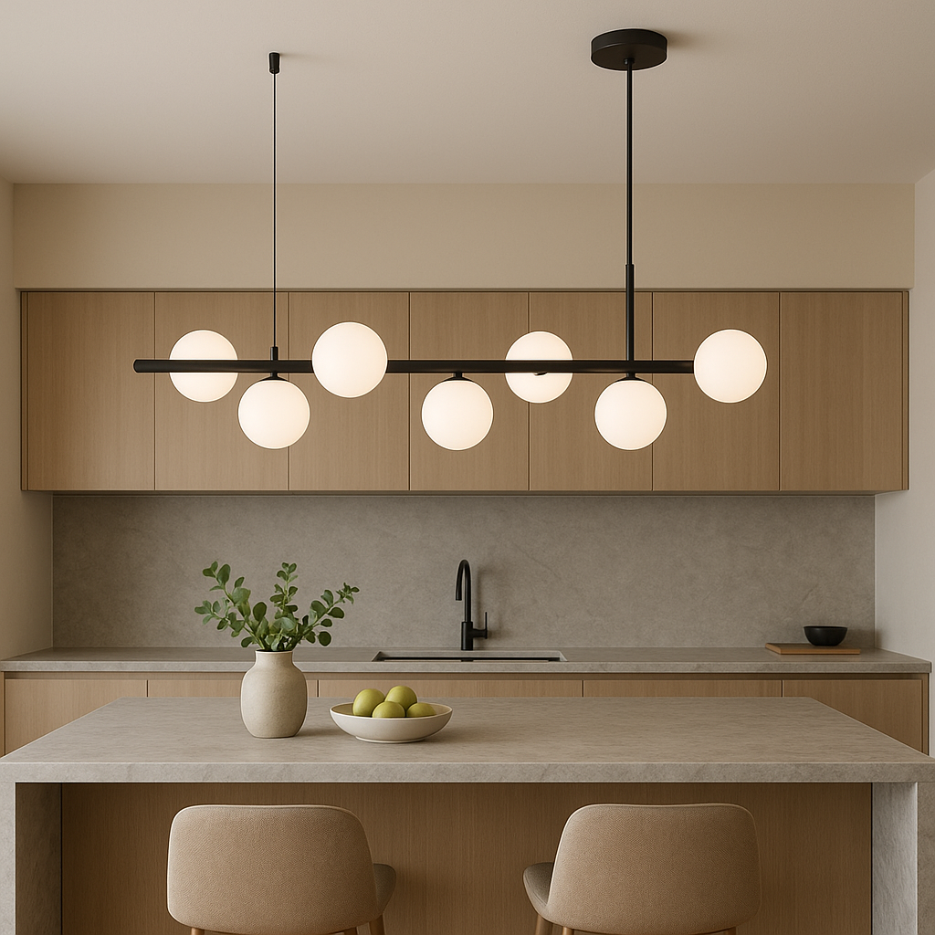 Lustra LED negru mat 7 globuri sticla mata, iluminare decorativa pentru bucatarie si insula