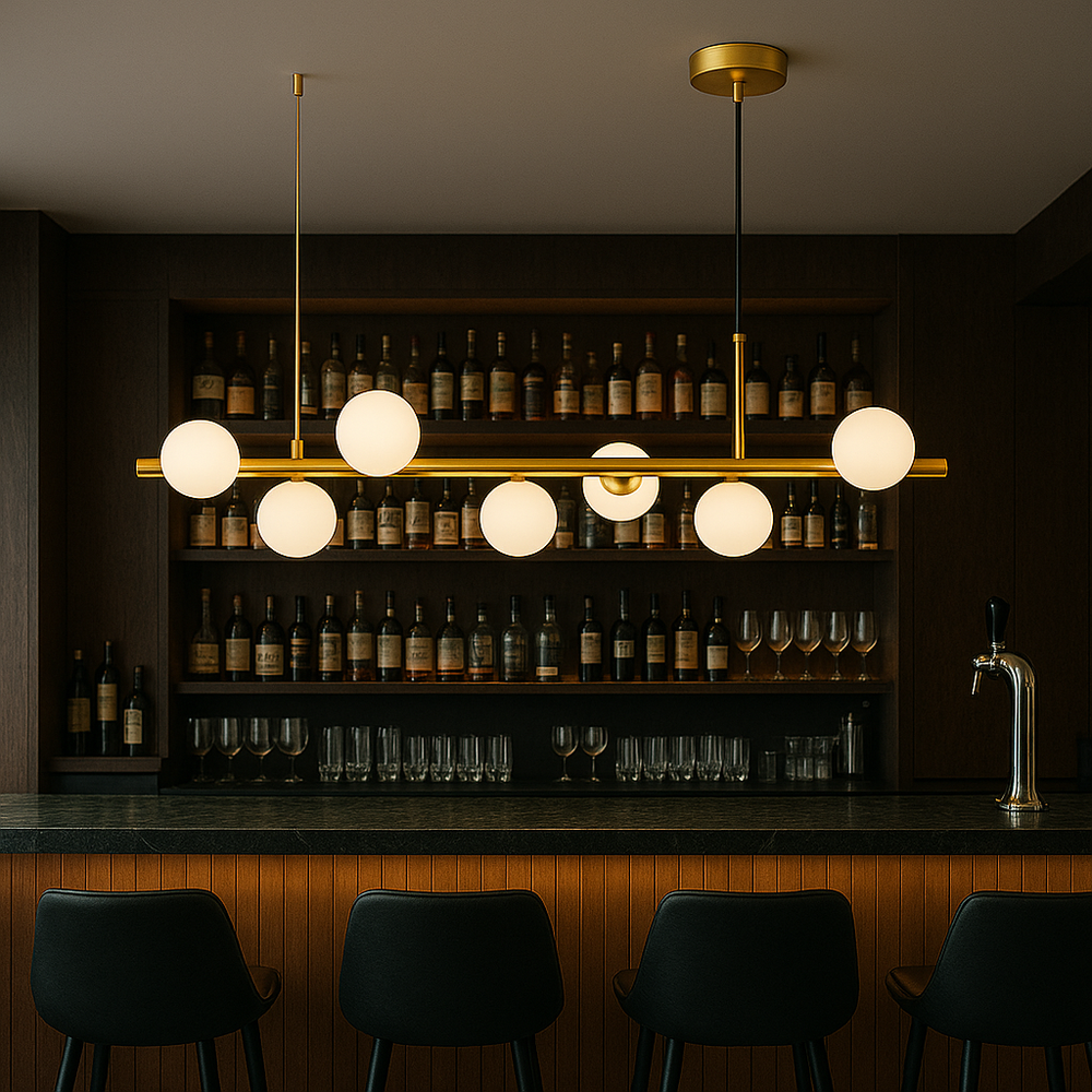 Lustra LED auriu satinat 7 globuri sticla mata, iluminare rafinata pentru bar si cafenea