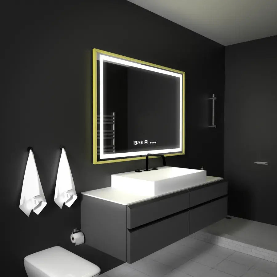 Oglinda smart 100x80 cm cu LED, dezaburire, control tactil, ceas digital si afisaj temperatura, ideala pentru bai moderne.
