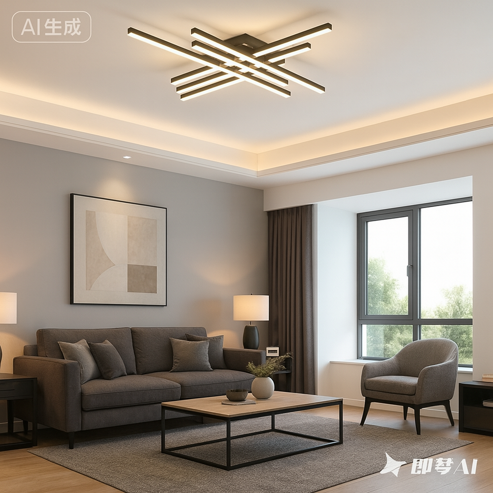 Lustra LED 9795/6BK neagra cu 6 brate incrucisate si telecomanda, montata intr-un living modern cu lumina reglabila.