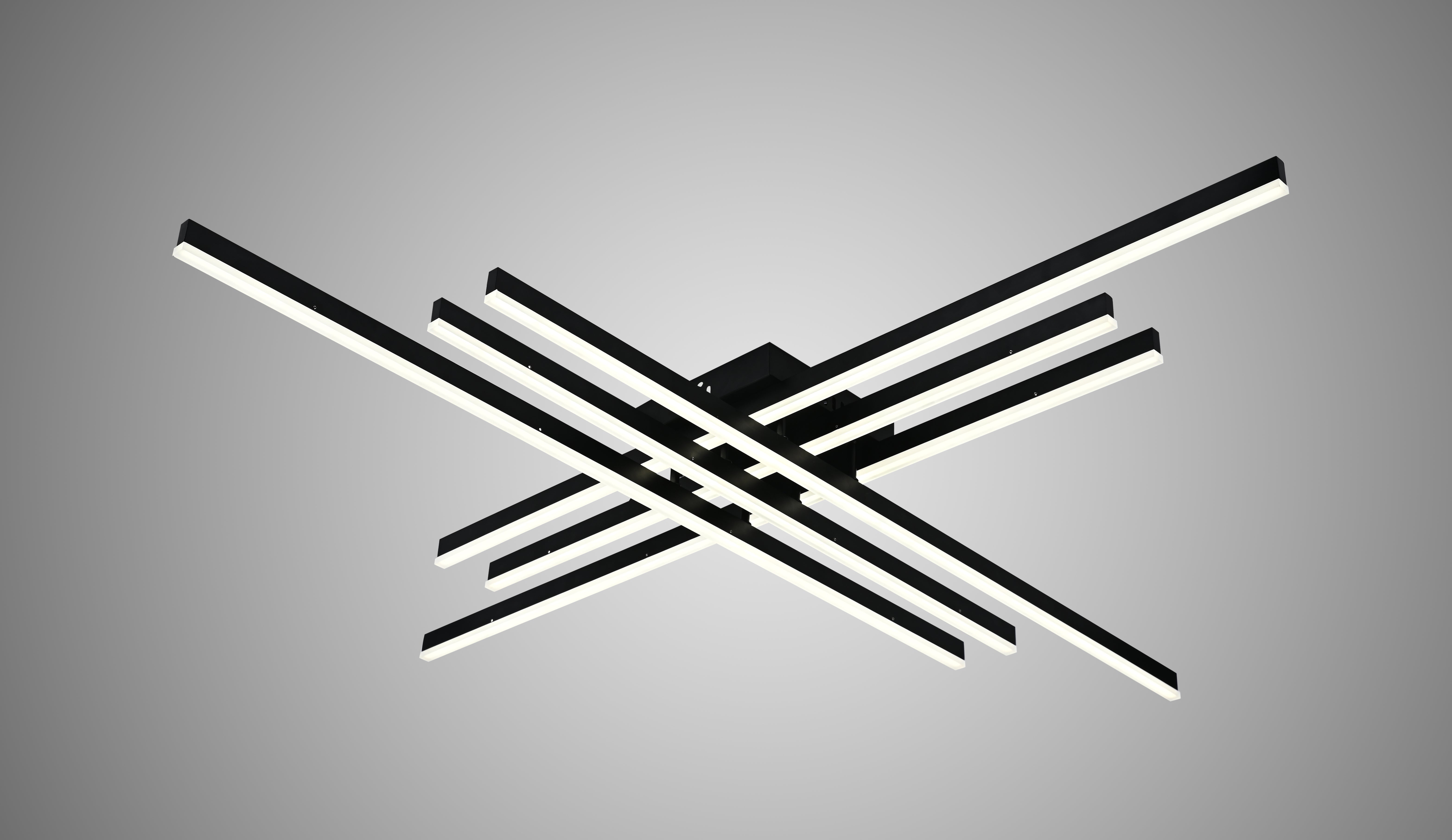 Lustra LED 9795/6BK neagra cu 6 brate incrucisate si telecomanda, luminand zona de dining intr-un decor contemporan.