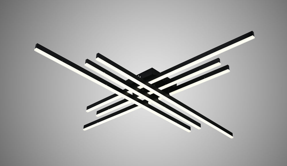 Lustra LED 9795/6BK neagra cu 6 brate incrucisate si telecomanda, luminand zona de dining intr-un decor contemporan.