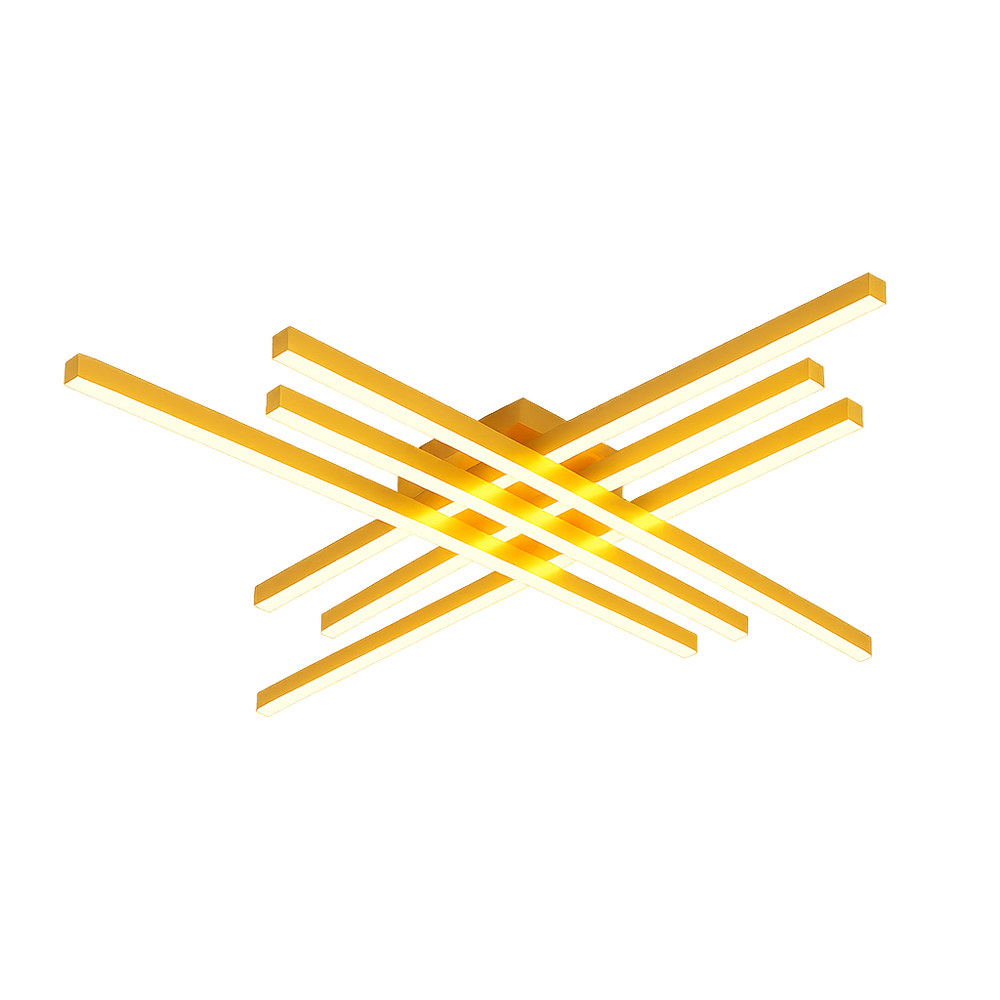 Lustra LED 9795/6FG aurie cu 6 brate geometrice si telecomanda, luminand masa din zona de dining moderna.