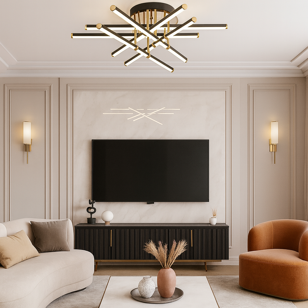 Lustra LED 9802/6BK+FGD neagra cu bare incrucisate si accente aurii, lumina reglabila prin telecomanda, montata in living modern.