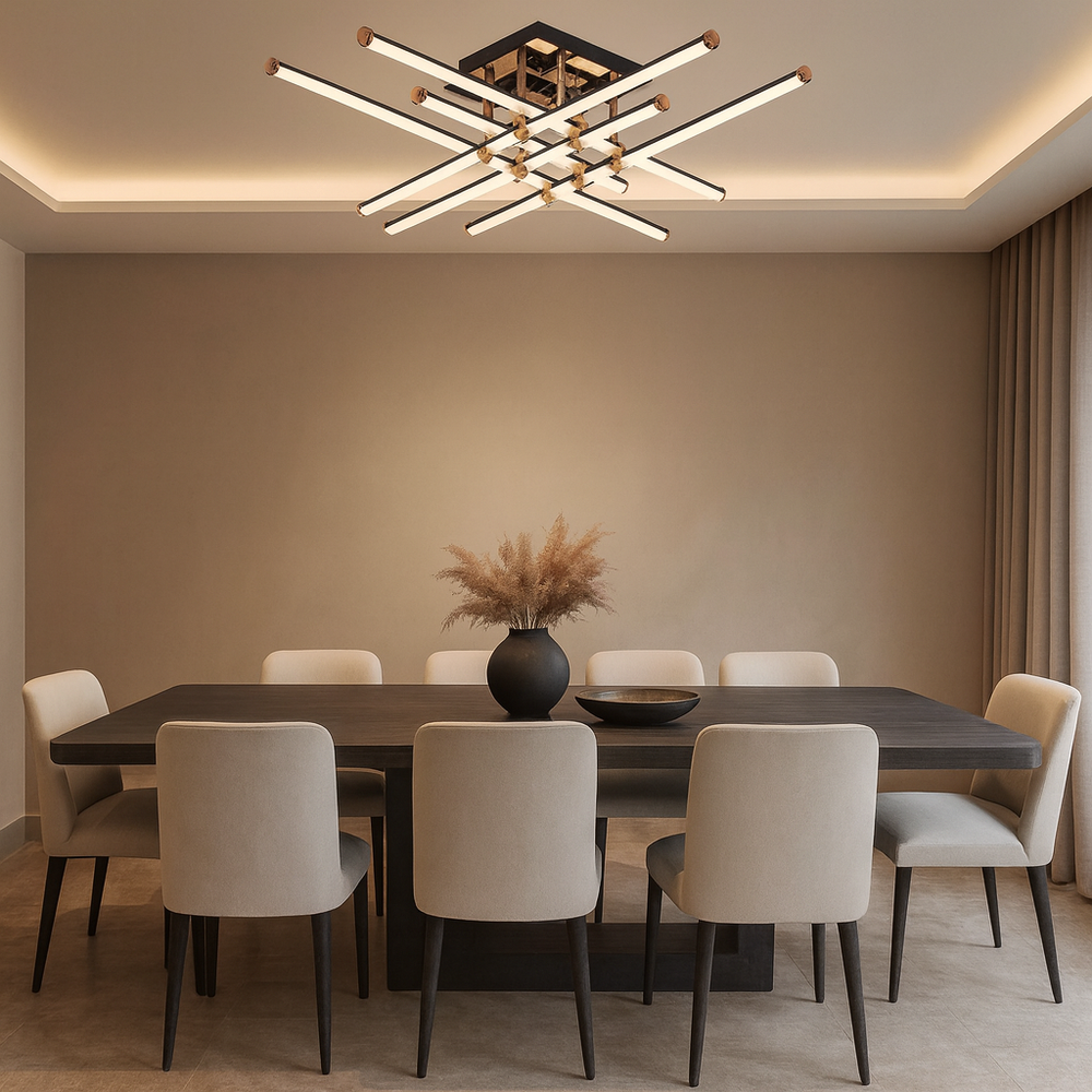 Lustra LED 9803/6BK modern, negru mat, cu design in X si telecomanda, oferind lumina reglabila intr-o zona de dining contemporana.