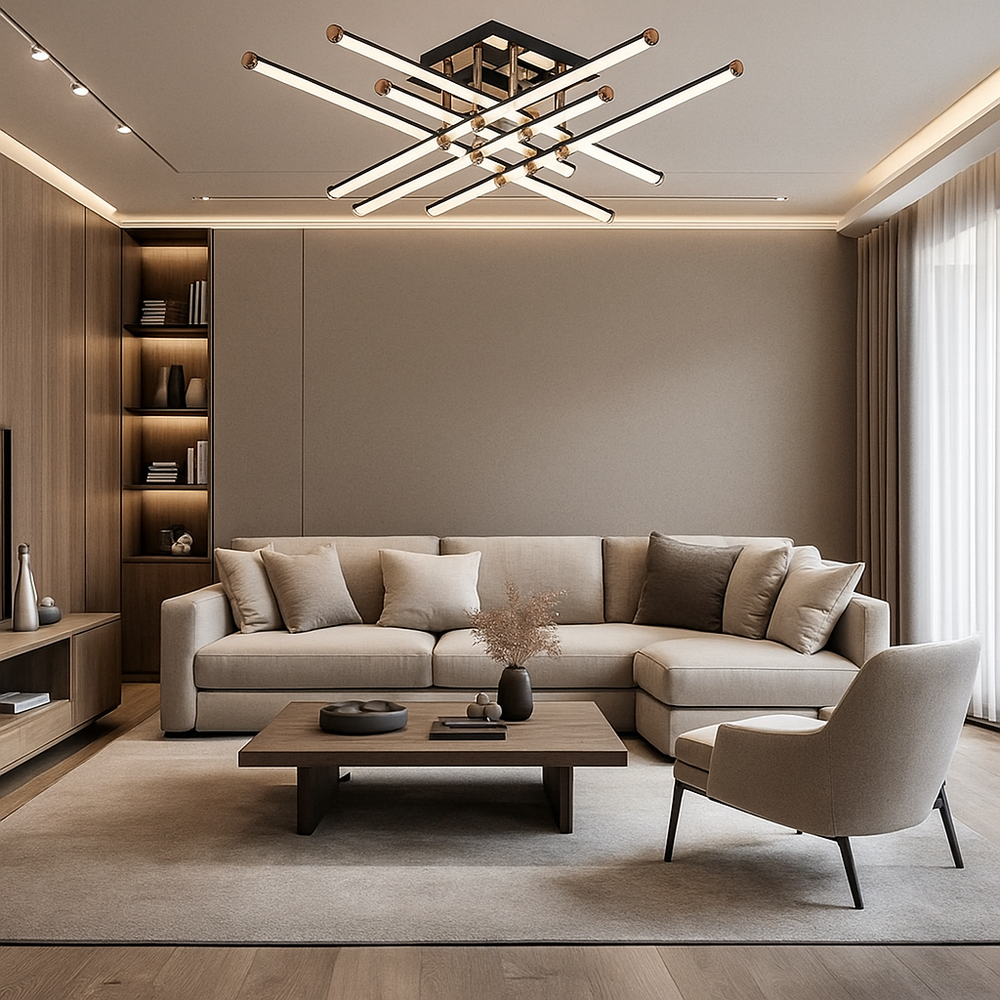 Lustra LED 9803/6BK negru mat cu design in X suprapus si telecomanda, oferind lumina reglabila intr-un living modern minimalist.