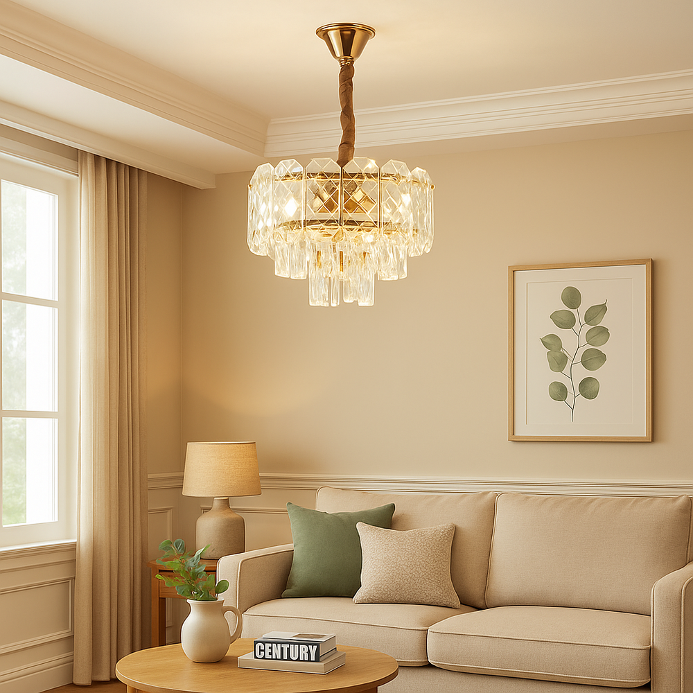 Candelabru modern auriu cu cristale 98046/300FG si 3 surse E27, ideal pentru living elegant cu iluminare calda si design compact premium.