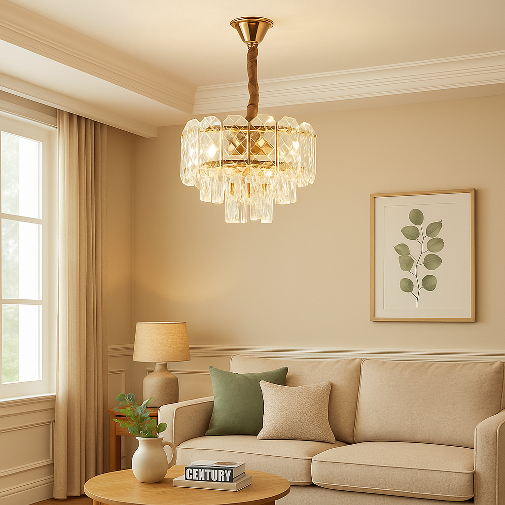 Candelabru modern auriu cu cristale 98046/300FG si 3 surse E27, ideal pentru living elegant cu iluminare calda si design compact premium.