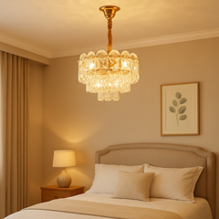 Candelabru modern auriu cu cristale 98046/300FG, perfect pentru dormitor modern cu atmosfera rafinata si lumina ajustabila prin becuri.