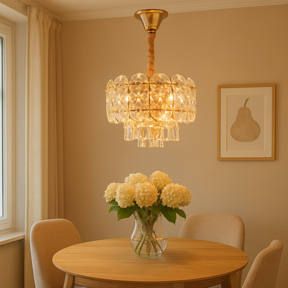 Candelabru modern auriu cu cristale 98046/300FG si 3 becuri E27, ideal pentru dining mic sau mediu cu iluminare eleganta si decor sofisticat.