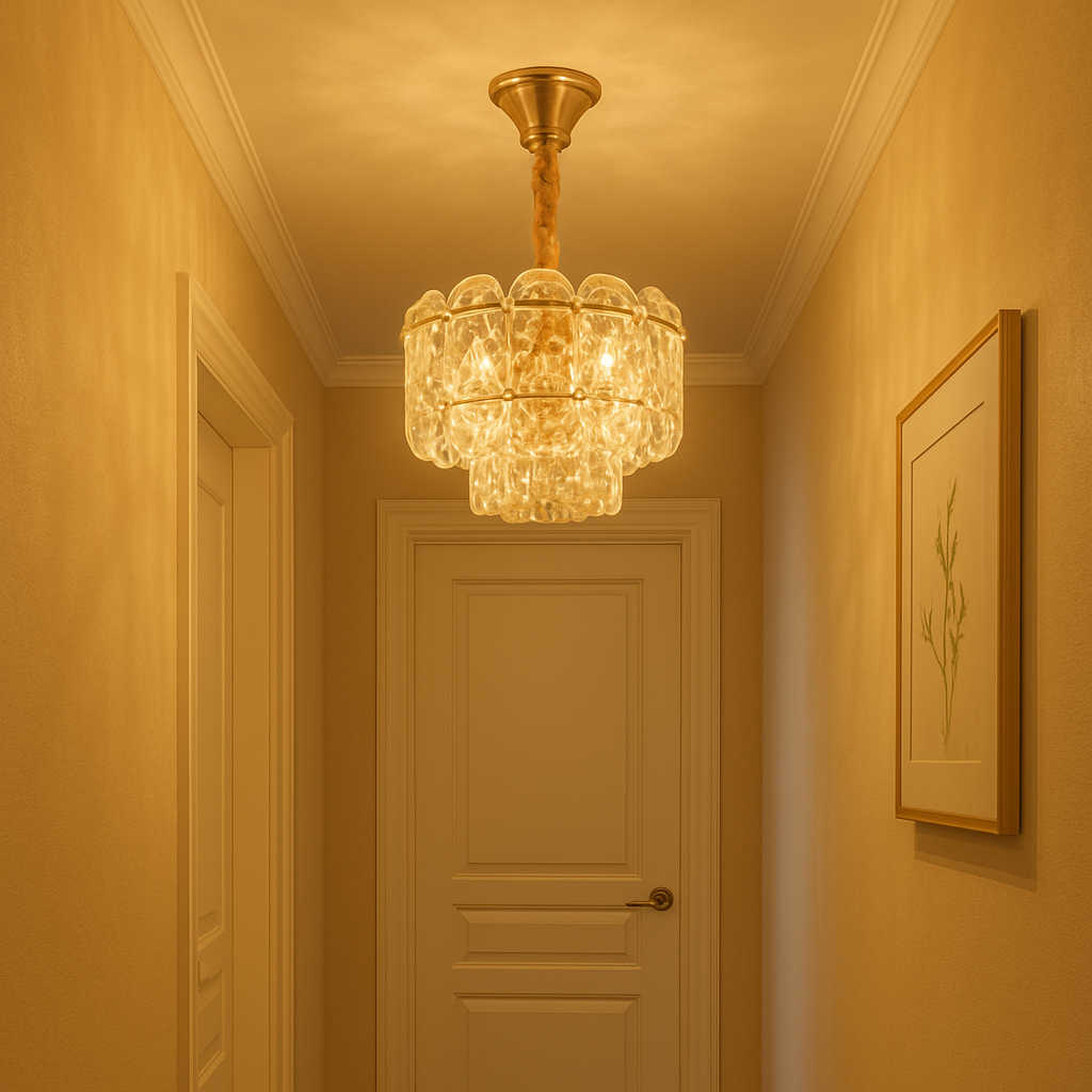 Candelabru modern auriu cu cristale 98046/300FG, potrivit pentru holuri elegante si spatii compacte cu accent vizual premium.