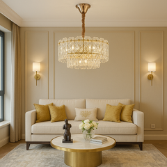 Candelabru modern auriu cu cristale 98046/400FG si 5 surse E27, ideal pentru living elegant cu iluminare calda si efect vizual premium.