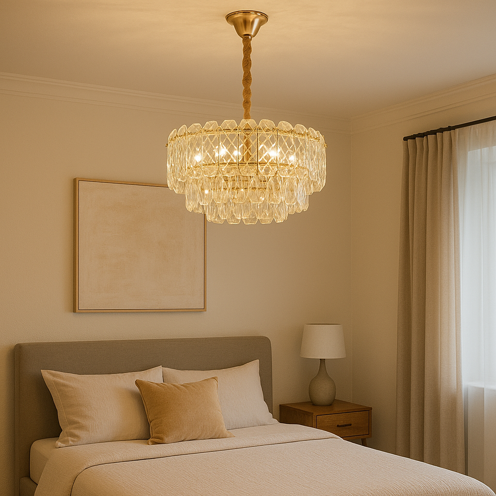 Candelabru modern auriu cu cristale 98046/500FG, perfect pentru dormitor modern cu atmosfera rafinata si iluminare E27 personalizabila.