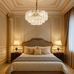 Candelabru modern auriu cu cristale 98046/600 si iluminare E27, perfect pentru dormitor elegant cu atmosfera calda si rafinata.