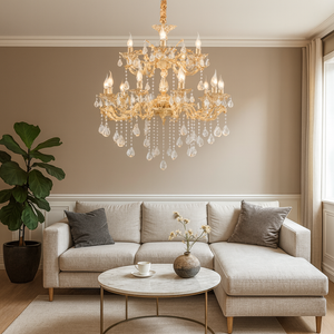 Candelabru Cristal Auriu H98056/10+5FG pe Doua Nivele E14