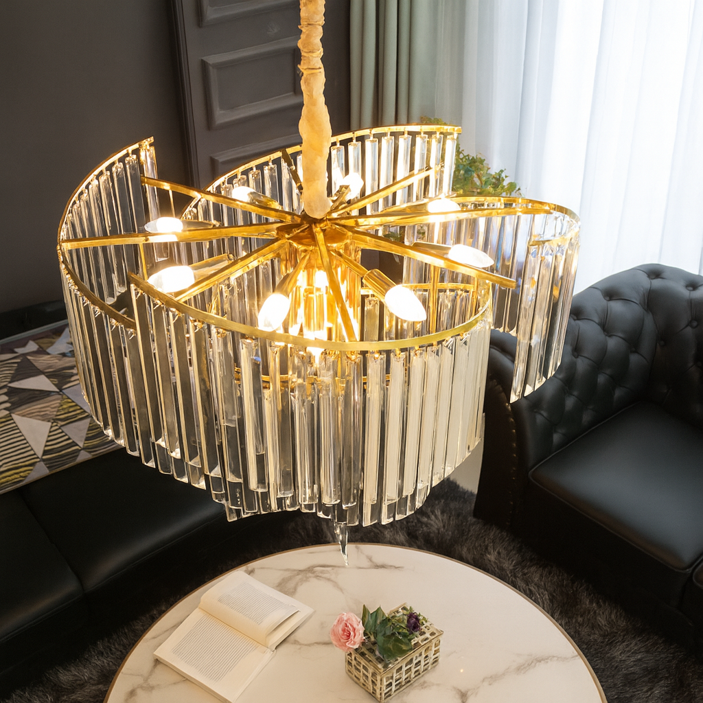 Candelabru modern cu 5 becuri E27, finisaj auriu si design in trepte, ofera in dining o lumina decorativa sofisticata si uniforma.