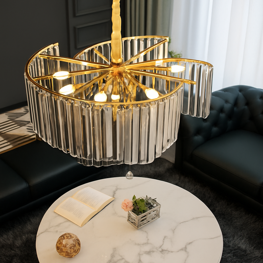 Candelabru modern cu 5 becuri E27, finisaj auriu si design in trepte, ofera in dining o lumina decorativa sofisticata si uniforma.