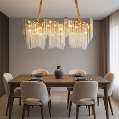 Candelabru dreptunghiular auriu 800×300 mm cu 9 socluri E27, deasupra mesei din dining, becuri expuse stil industrial, finisaj auriu rafinat