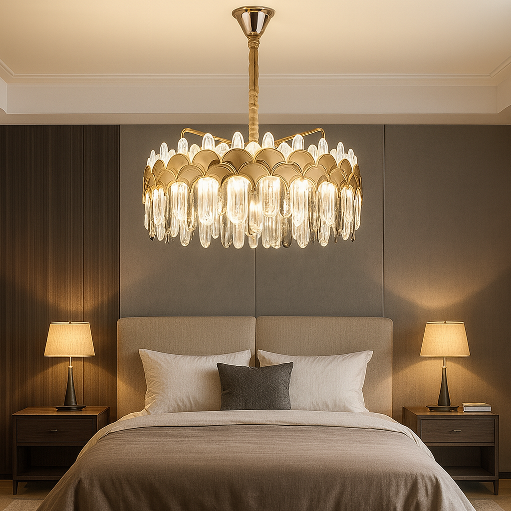 Candelabru LED rotund auriu Ø480 mm cu cristale tip bagheta, amplasat in dormitor elegant, lumina LED uniforma 188W, stil luxos