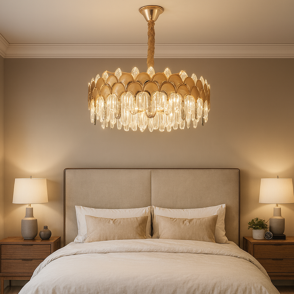 Candelabru LED rotund auriu Ø580 mm cu cristale lungi, amplasat in dormitor spatios, lumina LED uniforma 244W, stil elegant premium