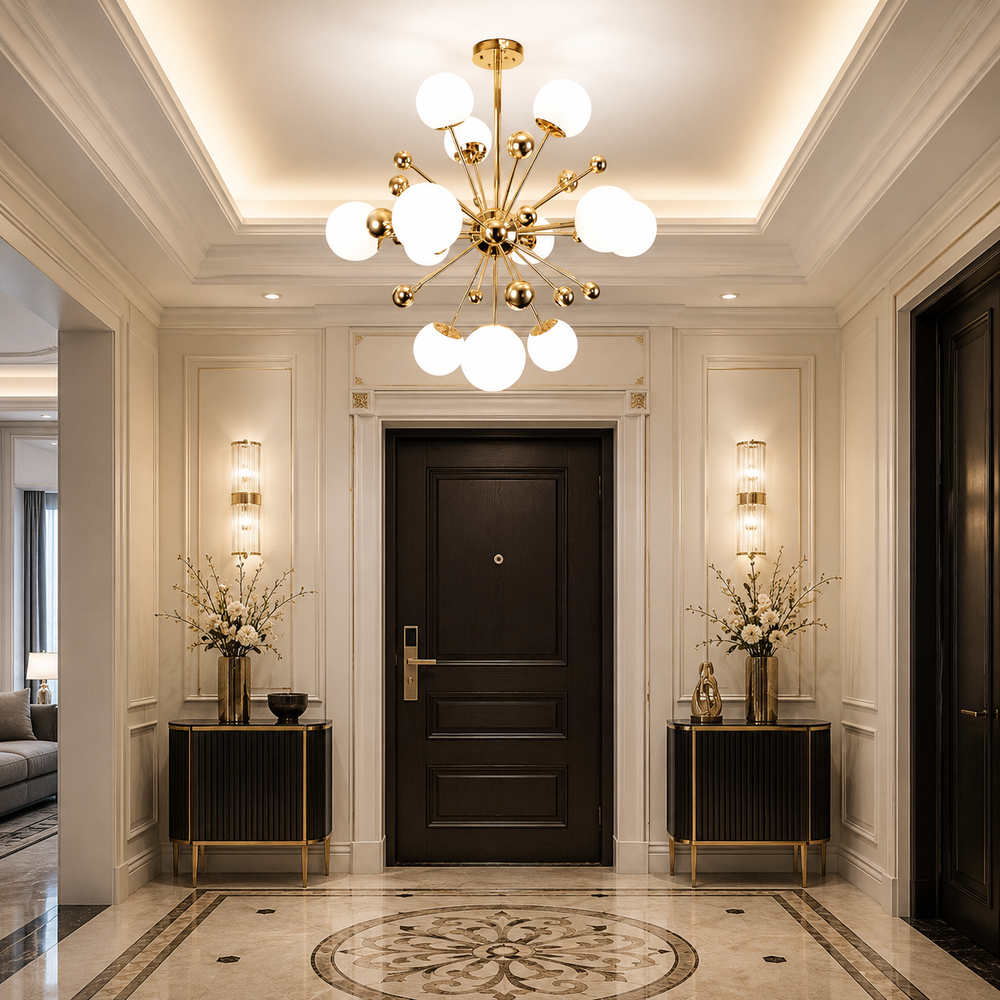 Lustra decorativa H98182/12 FGD aurie cu cristale bagheta si 12 becuri E27, iluminand un living elegant cu efect vizual spectaculos.
