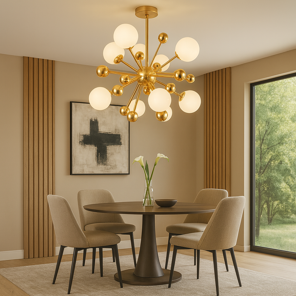 Lustra H98182/8 aurie cu 8 becuri E27, stil modern metal-sticla, amplasata in zona de dining pentru iluminare calda si primitoare.
