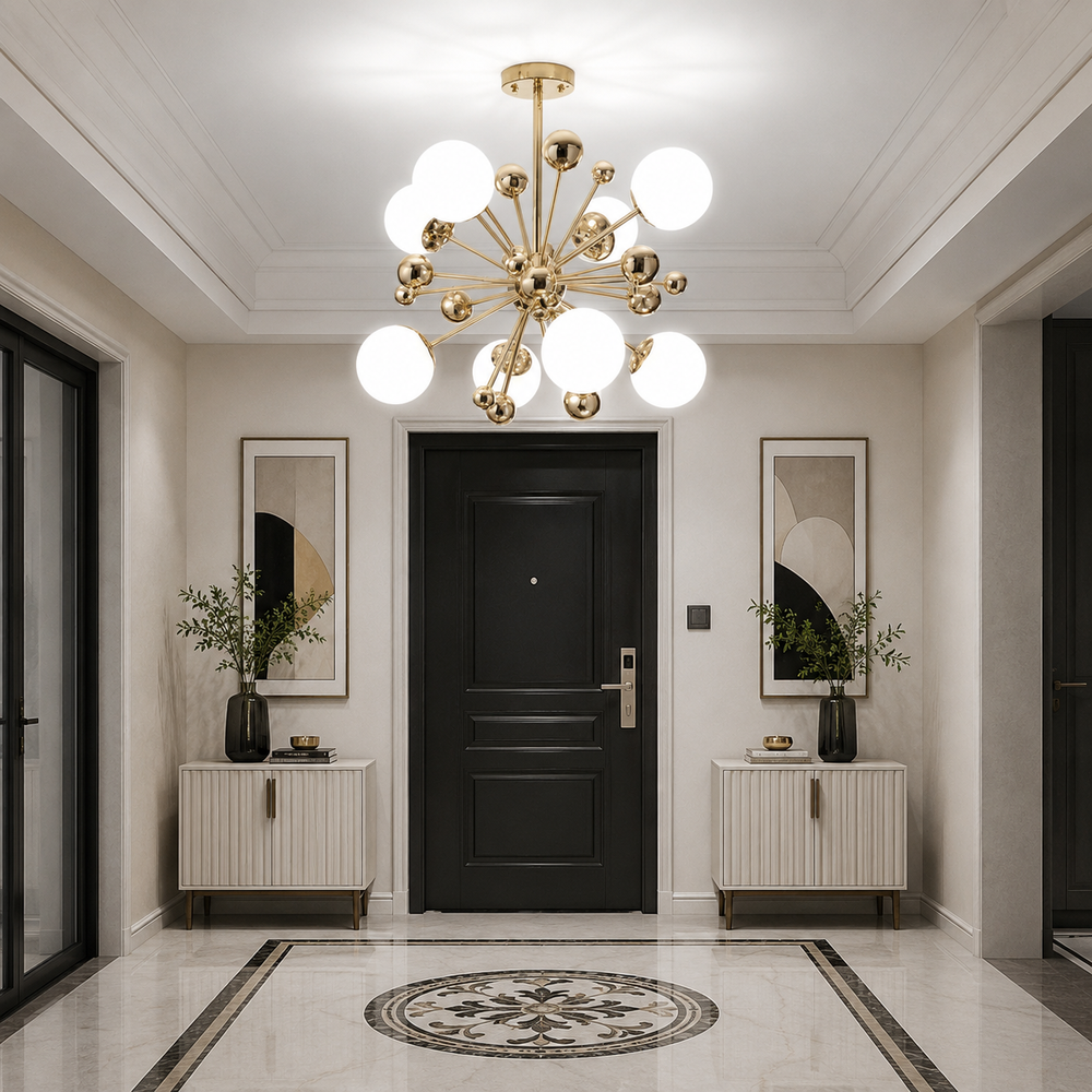 Lustra moderna H98182/8 aurie cu 8 becuri E27, design metal si sticla, iluminand un living elegant cu lumina calda si uniforma.
