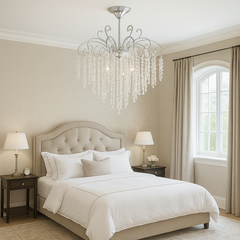 Candelabru modern lux auriu, Ø47 cm cu cristale fine si 5 E27, potrivit pentru dormitor modern sau clasic cu atmosfera rafinata, model 98194-5 TB.