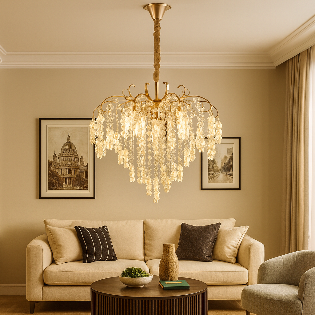 Candelabru modern lux cu cristale transparente, Ø47 cm si finisaj auriu, compatibil 5 E27, ideal pentru living elegant cu efect premium, model 98195-5 TB.
