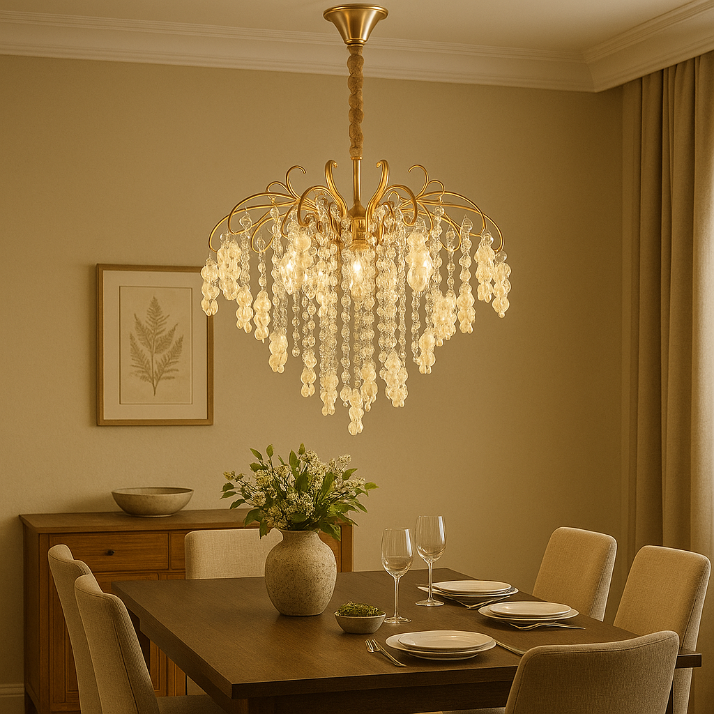 Candelabru modern lux cu cristale si finisaj auriu, Ø47 cm, perfect pentru dining modern si elegant, compatibil 5 E27, model 98195-5 TB.