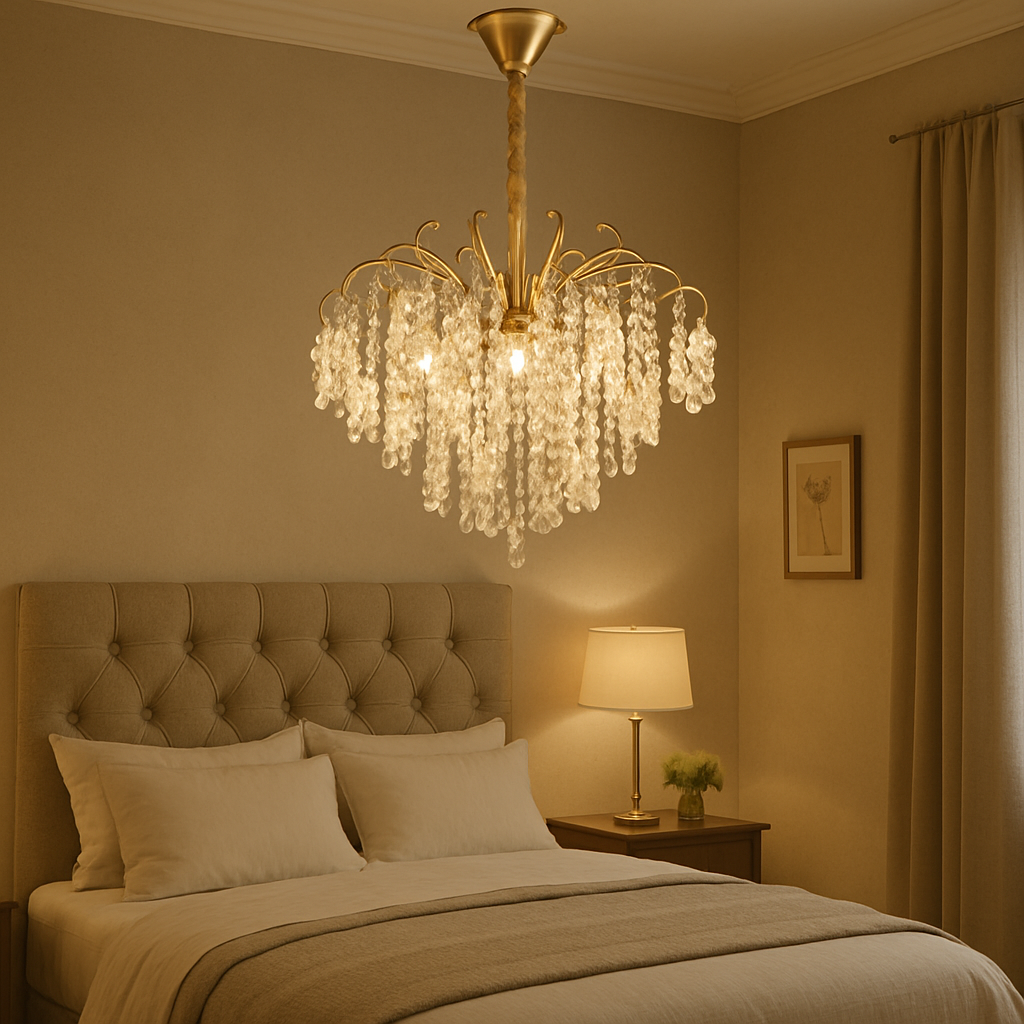 Candelabru modern lux cristale auriu Ø47 cm, potrivit pentru dormitor rafinat cu atmosfera luminoasa si sofisticata, model 98195-5 TB.