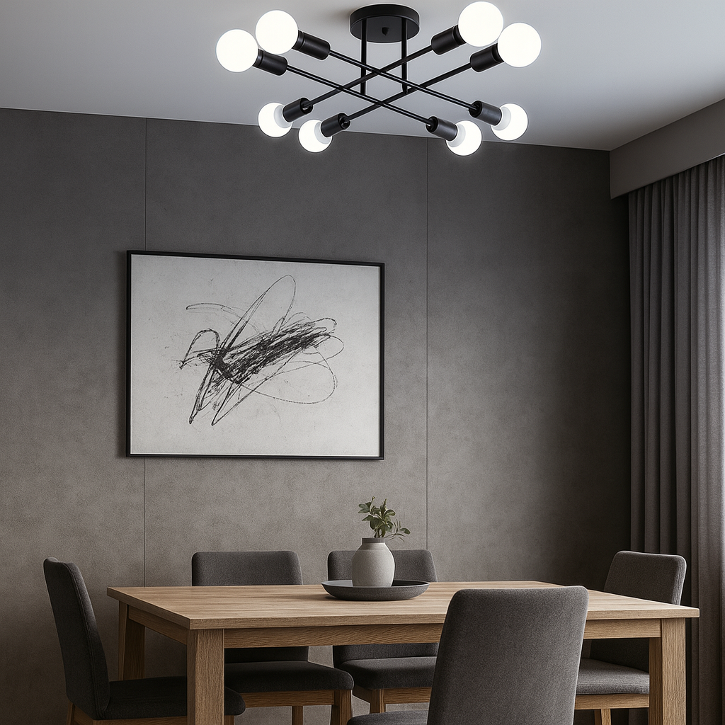Lustra LED 9855-8 geometric negru mat cu 8 brate E27, iluminand un dining modern cu atmosferu luminoasa si ordonata.