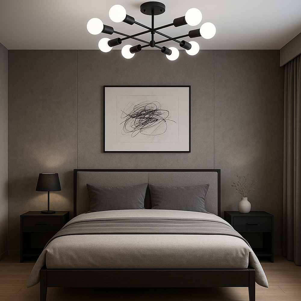 Lustra LED 9855-8 negru mat cu 8 brate E27, montata intr-un dormitor modern, oferind luminare uniforma si eleganta.