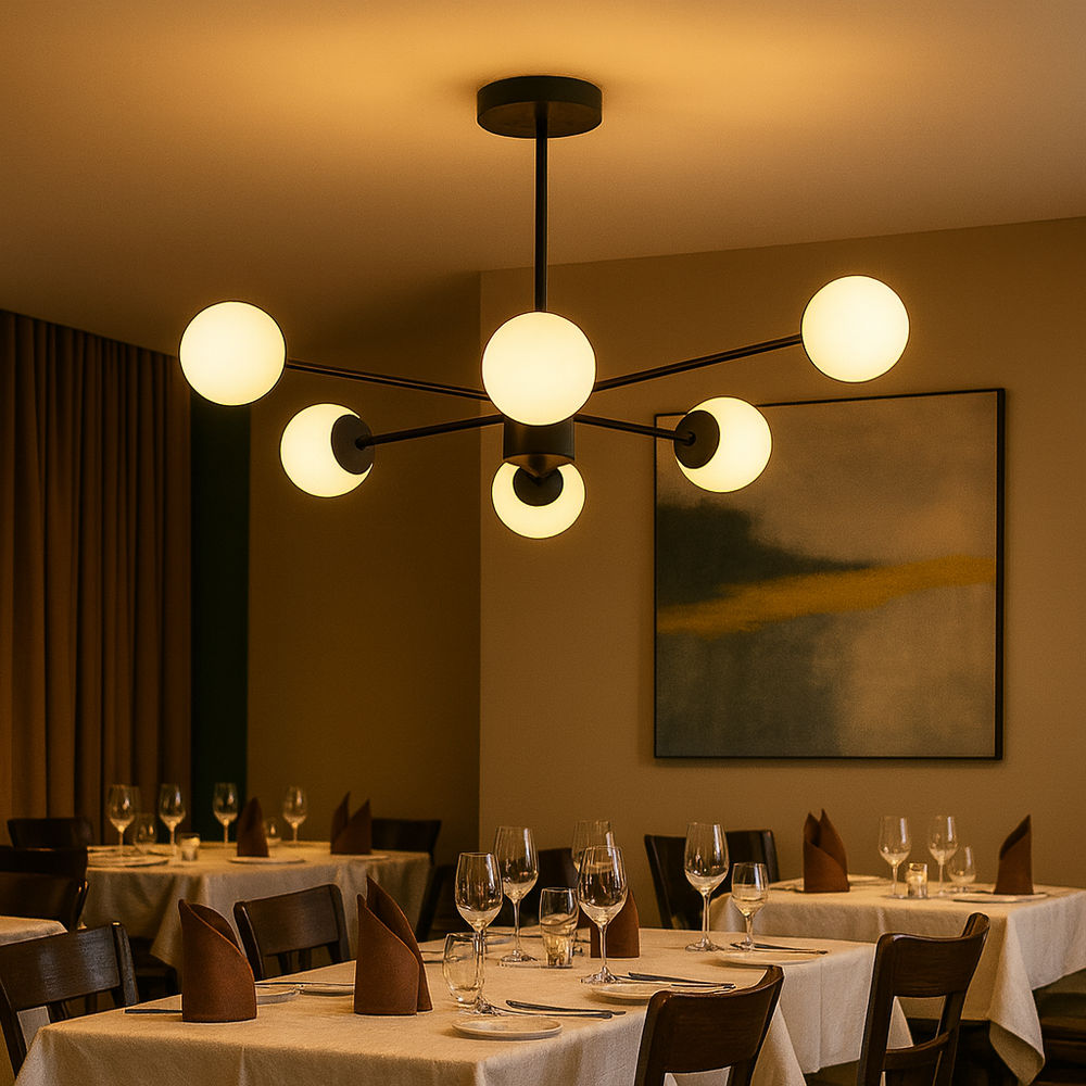 Lustra LED 9856-6 negru mat cu 6 globuri mate, potrivita pentru un dining modern cu atmosfer a calda