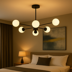 Lustra 9856-6 cu 6 globuri mate si corp negru mat, oferind luminare relaxanta intr-un dormitor modern