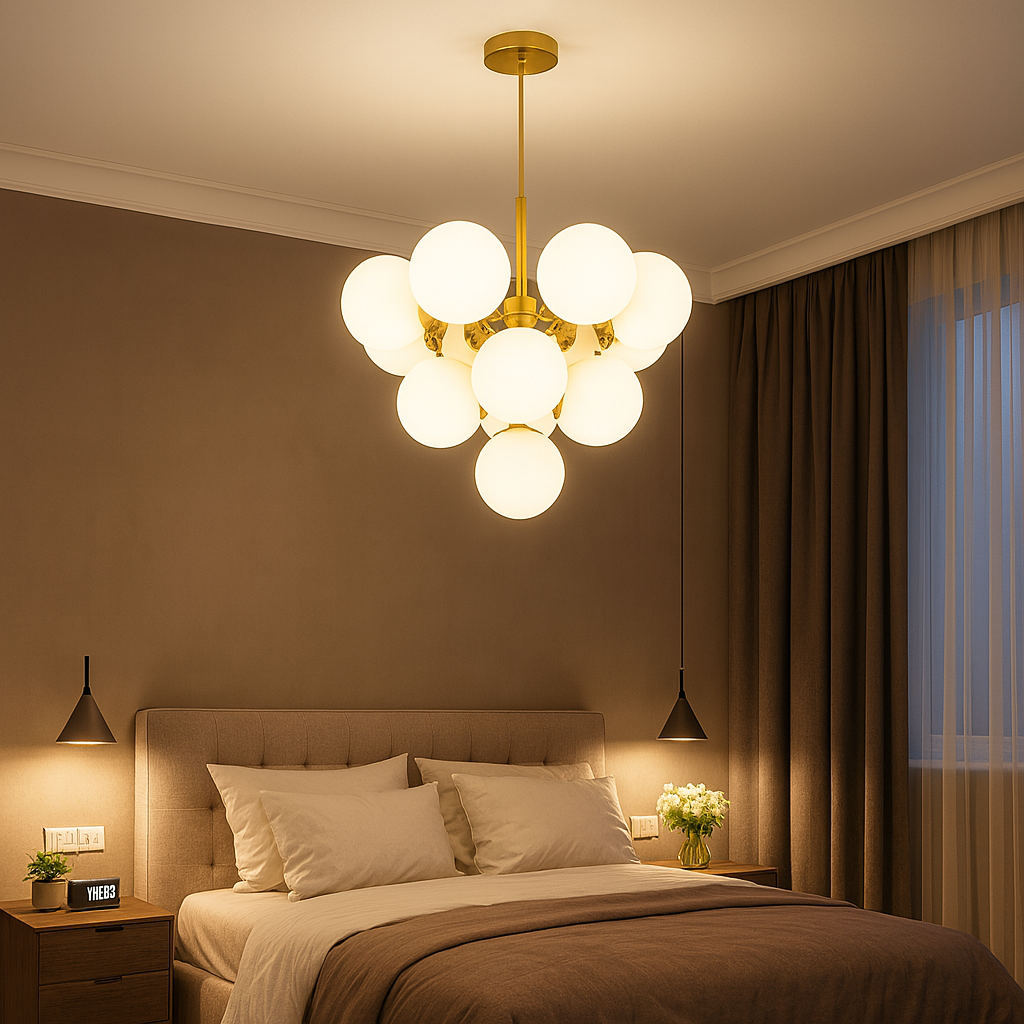 Lustra LED auriu 13 globuri sticla mata, lumina uniforma si ambientala pentru dormitor