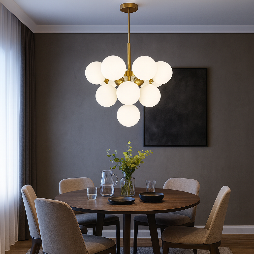 Lustra LED auriu 13 globuri sticla mata, punct central rafinat pentru zona de dining