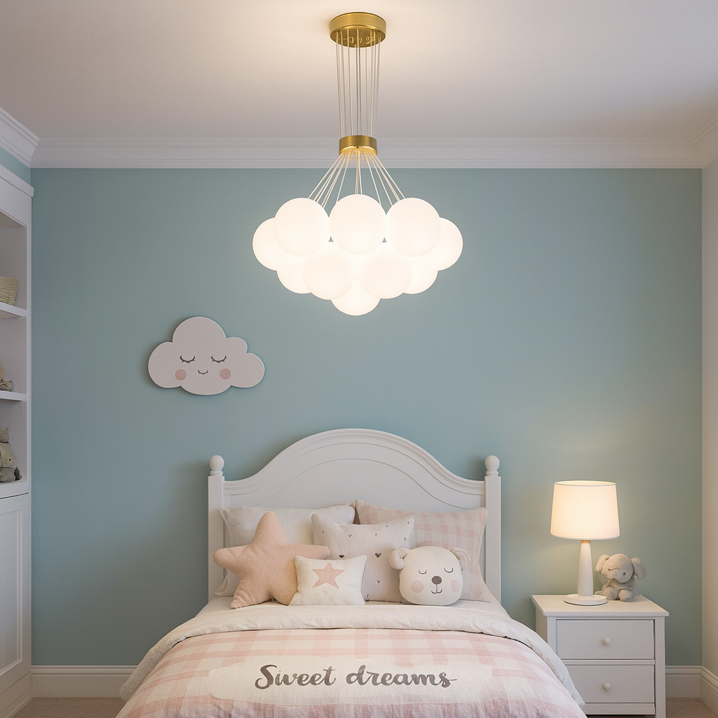 Lustra LED auriu mat 14 globuri sticla mata, lumina ambientala uniforma pentru dormitor