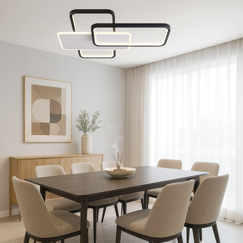 Lustra LED 9906/2T alb negru, design dreptunghiular modern cu telecomanda, montata intr-o zona de dining contemporana.