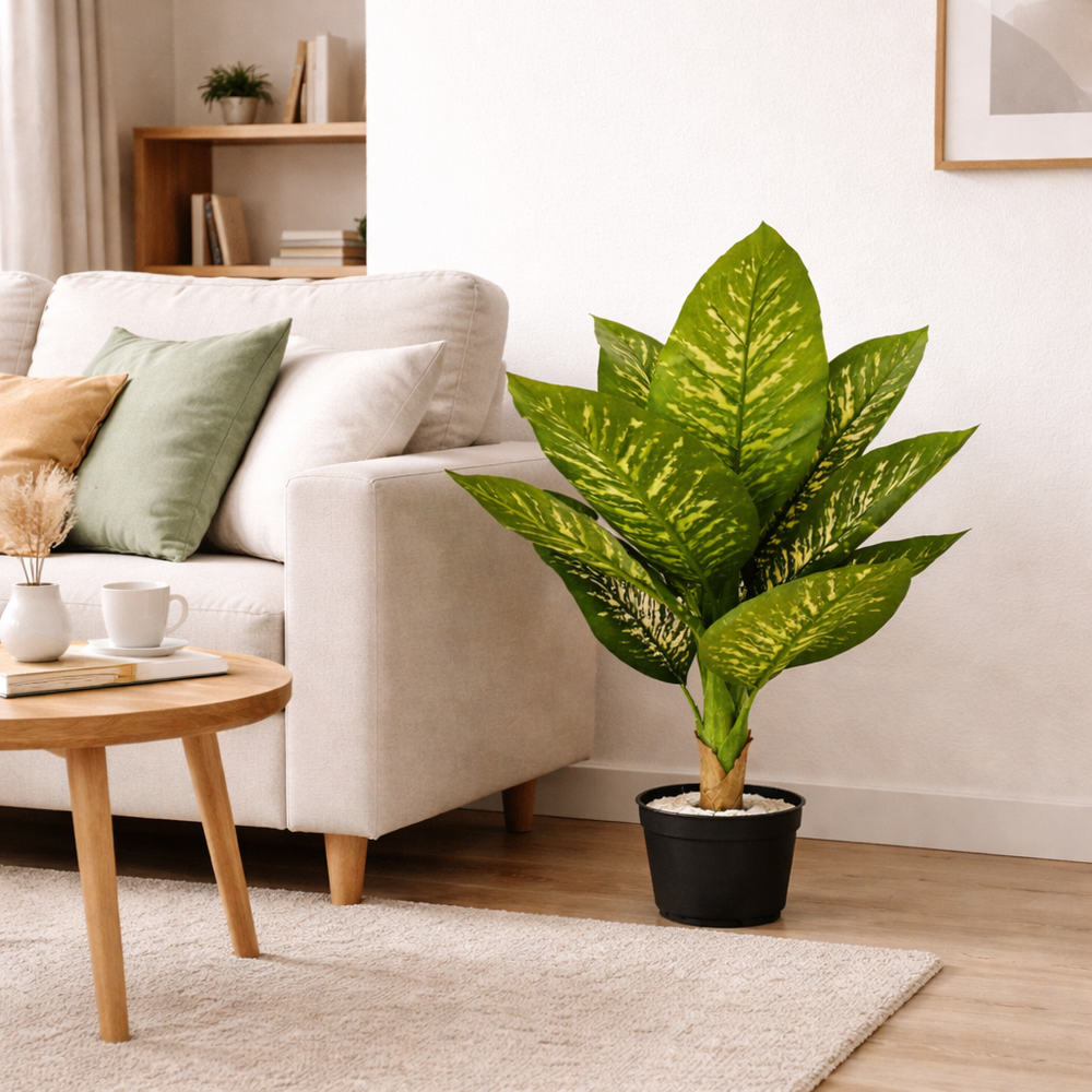 Artificial Dieffenbachia plant 90 cm in black pot placed beside living room sofa, modern home decor green indoor plant