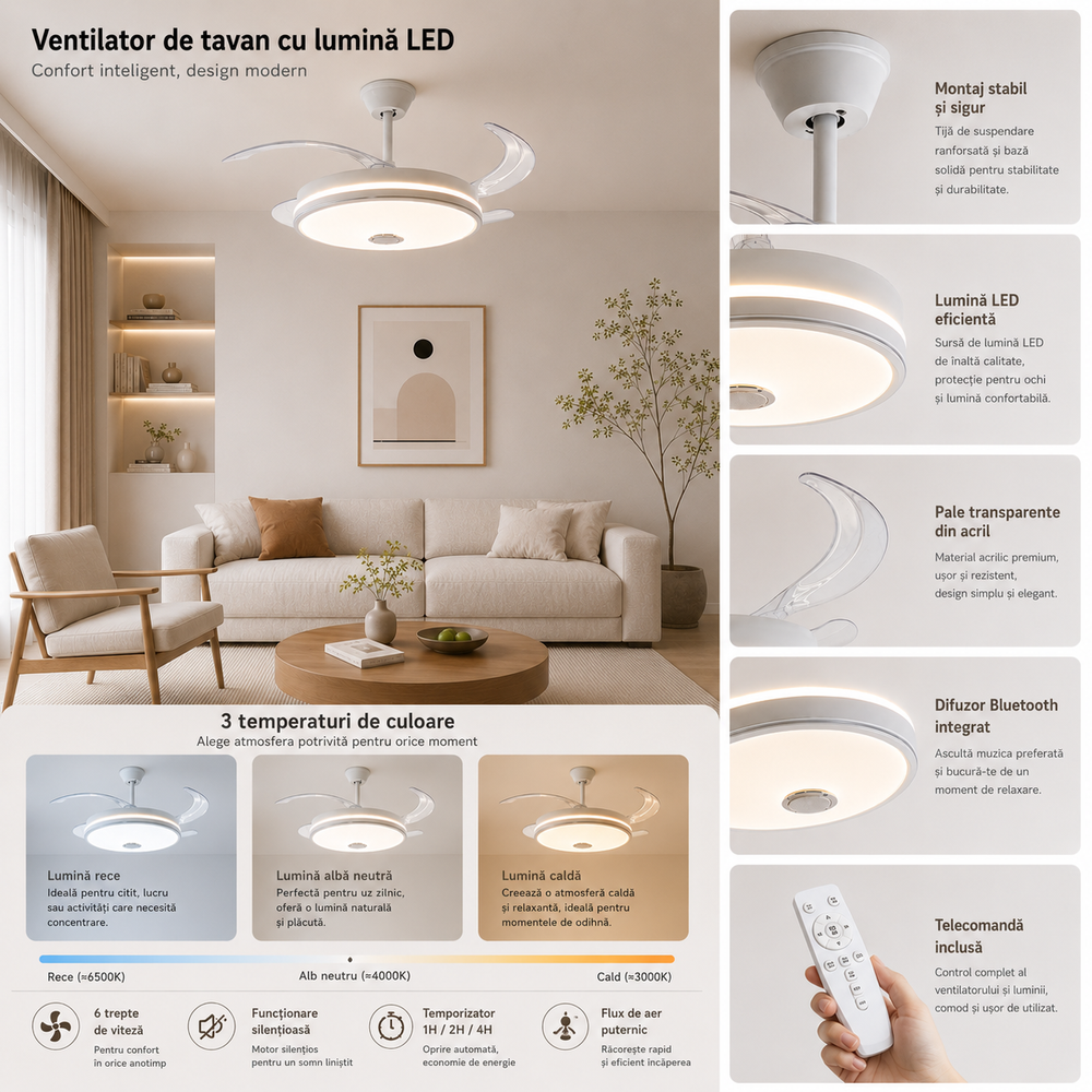 Lustră LED cu ventilator și boxă Bluetooth A103L-M, LED 50W, ventilator 30W, pale retractabile transparente, telecomandă, imagine produs pe fundal alb.