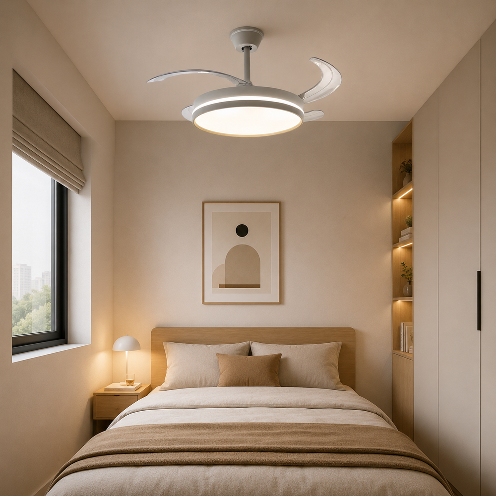 Ventilator de tavan LED A106L instalat într-un dormitor modern, finisaj alb, pale retractabile transparente și iluminare LED cu telecomandă.