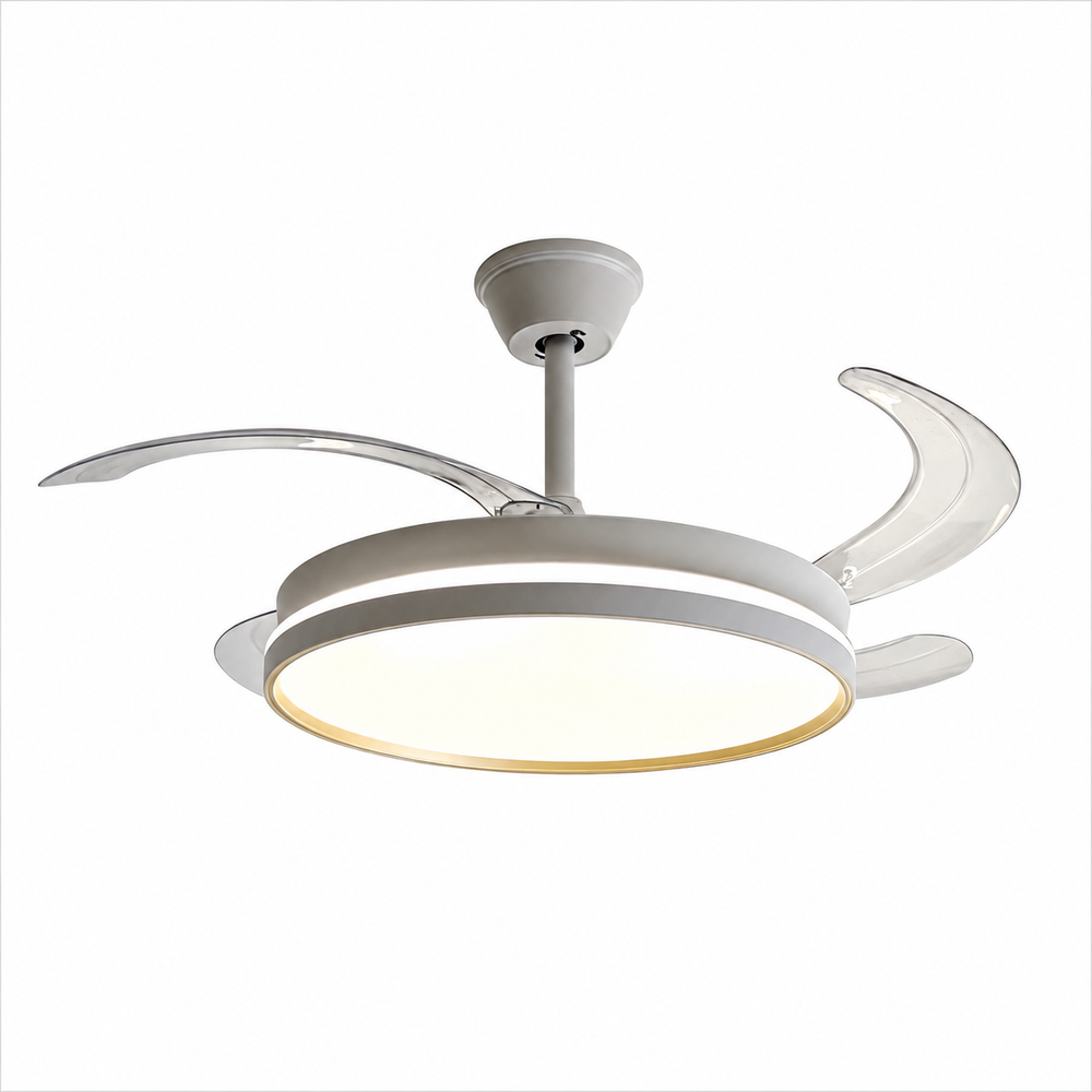 Ventilator de tavan LED A106L alb, 50W LED, ventilator 30W, pale retractabile transparente, telecomandă și iluminare reglabilă, imagine produs pe fundal alb.