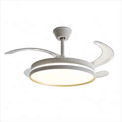Ventilator de tavan LED A106L alb, 50W LED, ventilator 30W, pale retractabile transparente, telecomandă și iluminare reglabilă, imagine produs pe fundal alb.